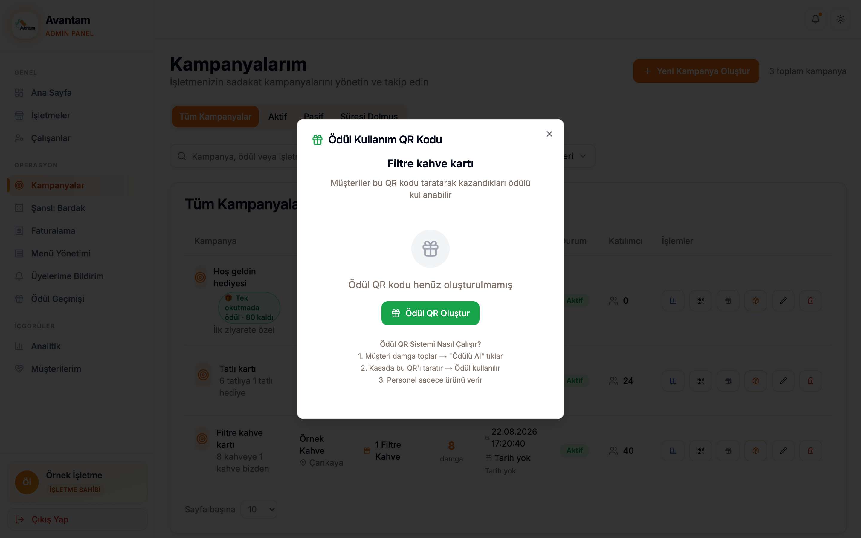Ödül kullanım QR’ının nasıl çalıştığını anlatan pencere